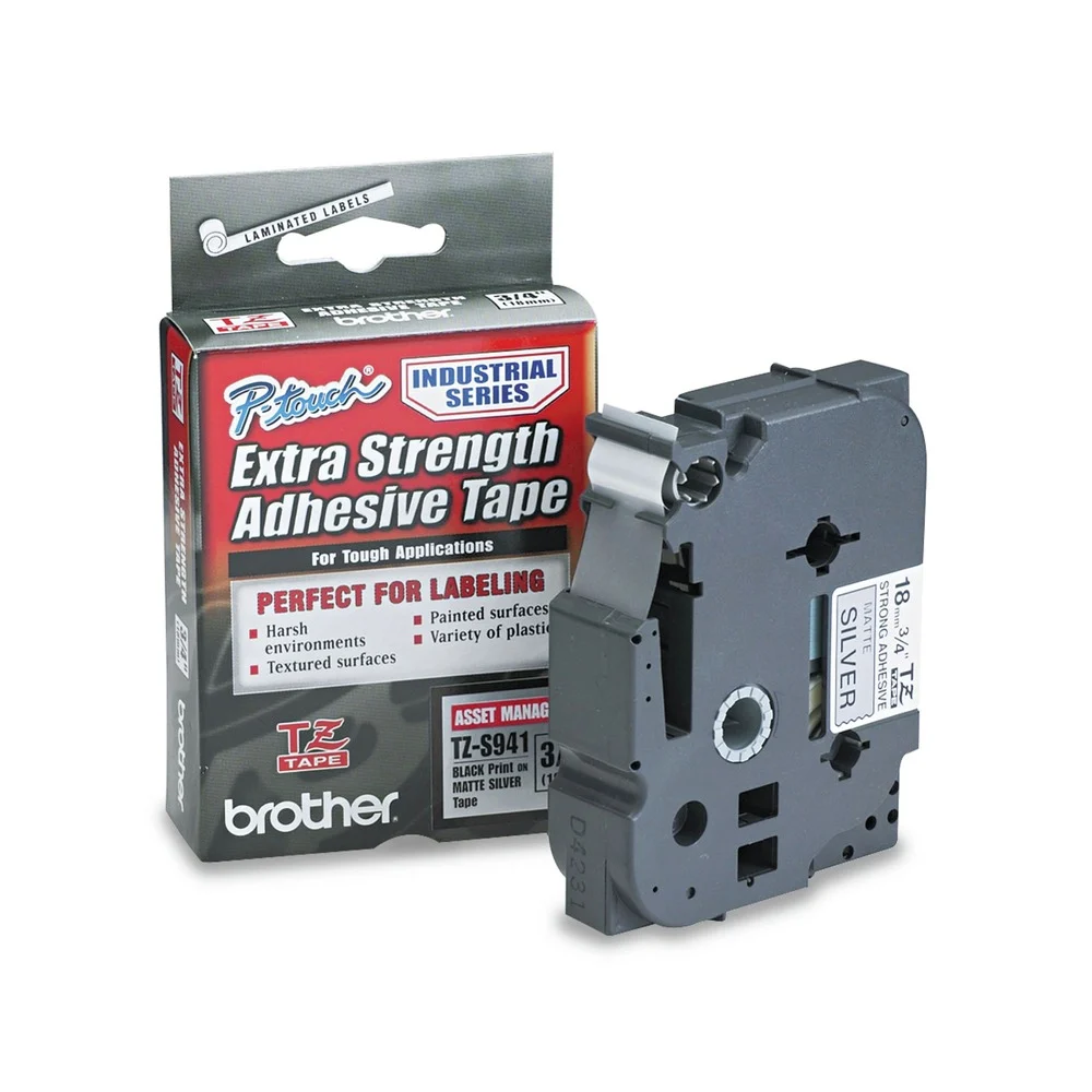 Brother P-Touch 0.7 in. x 26.2 ft. TZ Extra-Strength Adhesive Laminated Labeling Tape - Black on Matte Silver
