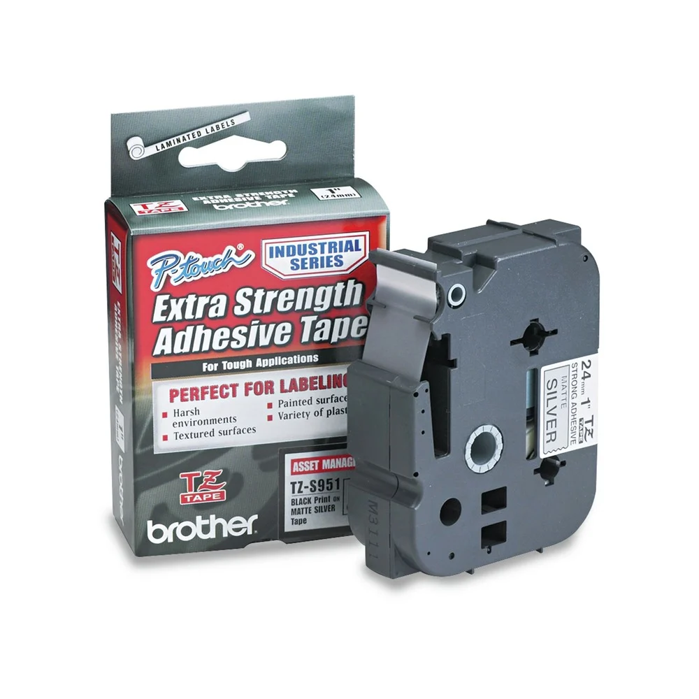 Brother P-Touch 0.94 in. x 26.2 ft. TZ Extra-Strength Adhesive Laminated Labeling Tape - Black on Matte Silver