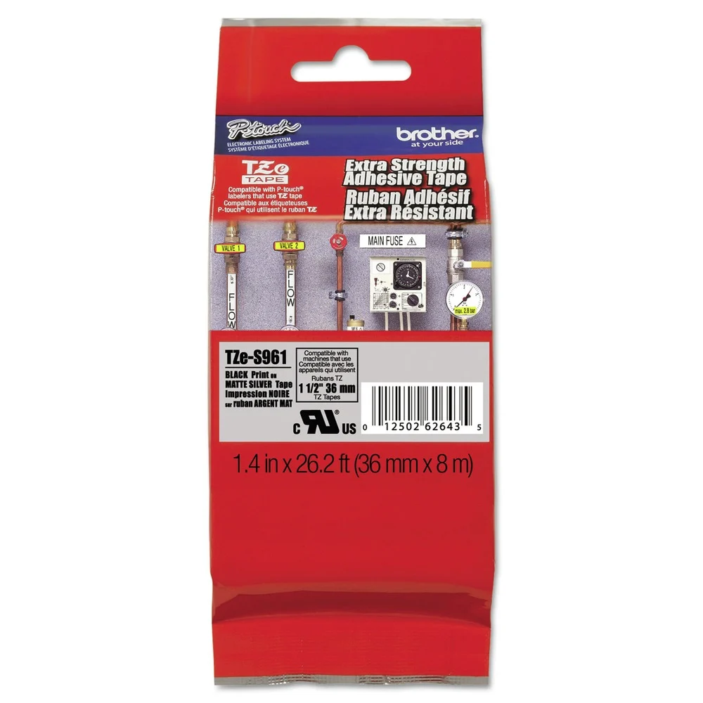 Brother P-Touch 1.4 in. x 26.2 ft. TZ Extra-Strength Adhesive Laminated Labeling Tape - Black on Matte Silver
