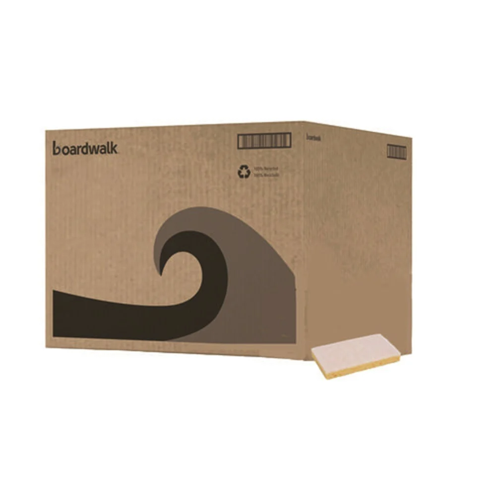 Boardwalk 63BWK LD 0.7 in. Thick 3.6 in. x 6.1 in. Individually Wrapped Light Duty Scrubbing Sponge - Yellow/White (20/Carton)