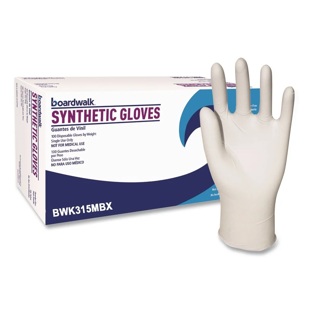 Boardwalk 4 mil 9.5 in. Long Powder-Free Synthetic Vinyl Gloves - Medium, Beige (100/Box)