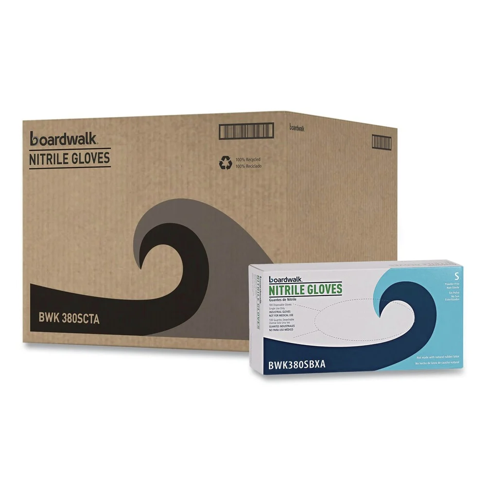 Boardwalk 380 Series 4 mil Thick 9.5 in. Long Powder-Free Disposable General-Purpose Nitrile Gloves - Small, Blue (100/Box, 10 Boxes/Carton)