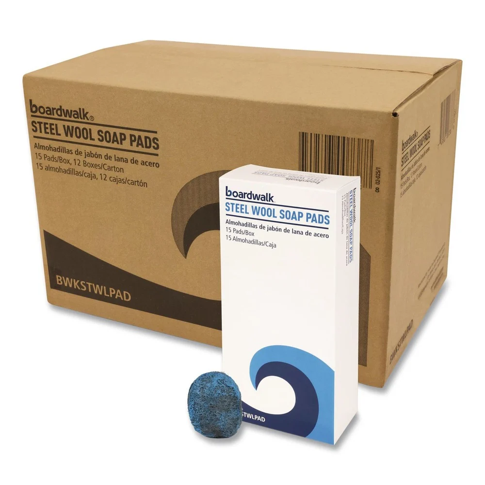 Boardwalk 96130-M-BWK 3 in. x 2.5 in. Steel Wool Soap Pads - Blue (12/Carton)