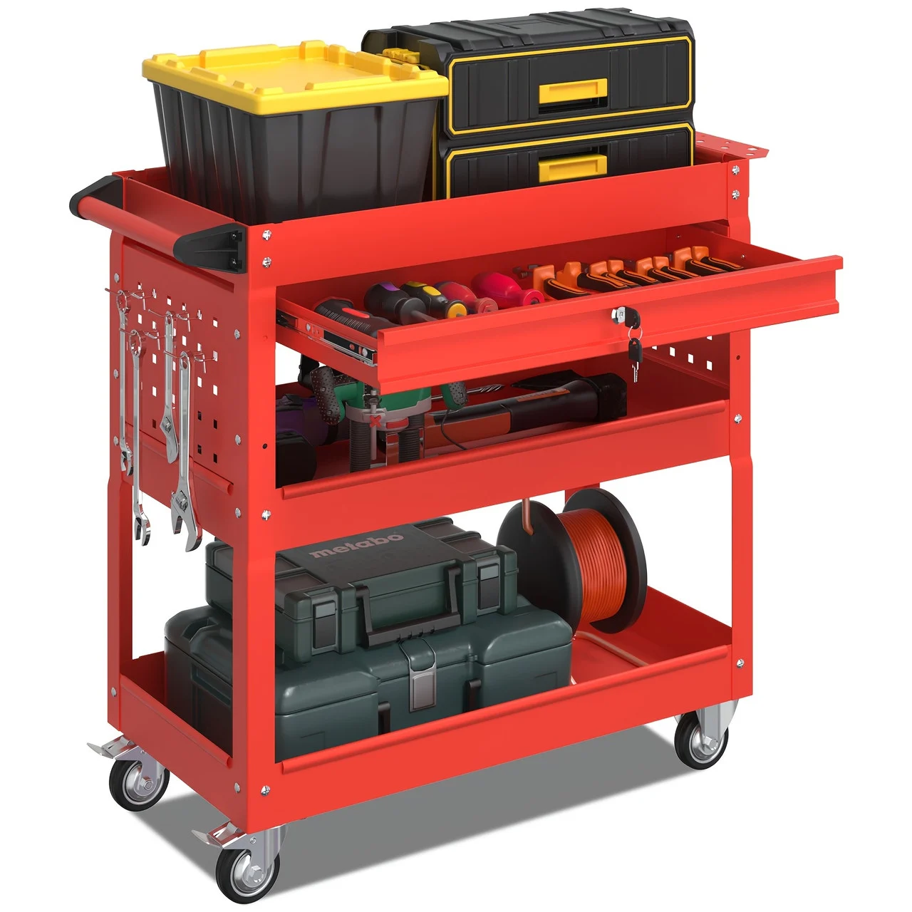 3 Tier Tool Cart On Wheels With Lockable Drawer, 450 LBS Capacity Heavy Duty Utility Cart, Rolling Tool Cart, Industrial Commercial Service Tool Cart For Mechanics, Warehouse, Repair Shop Red Color