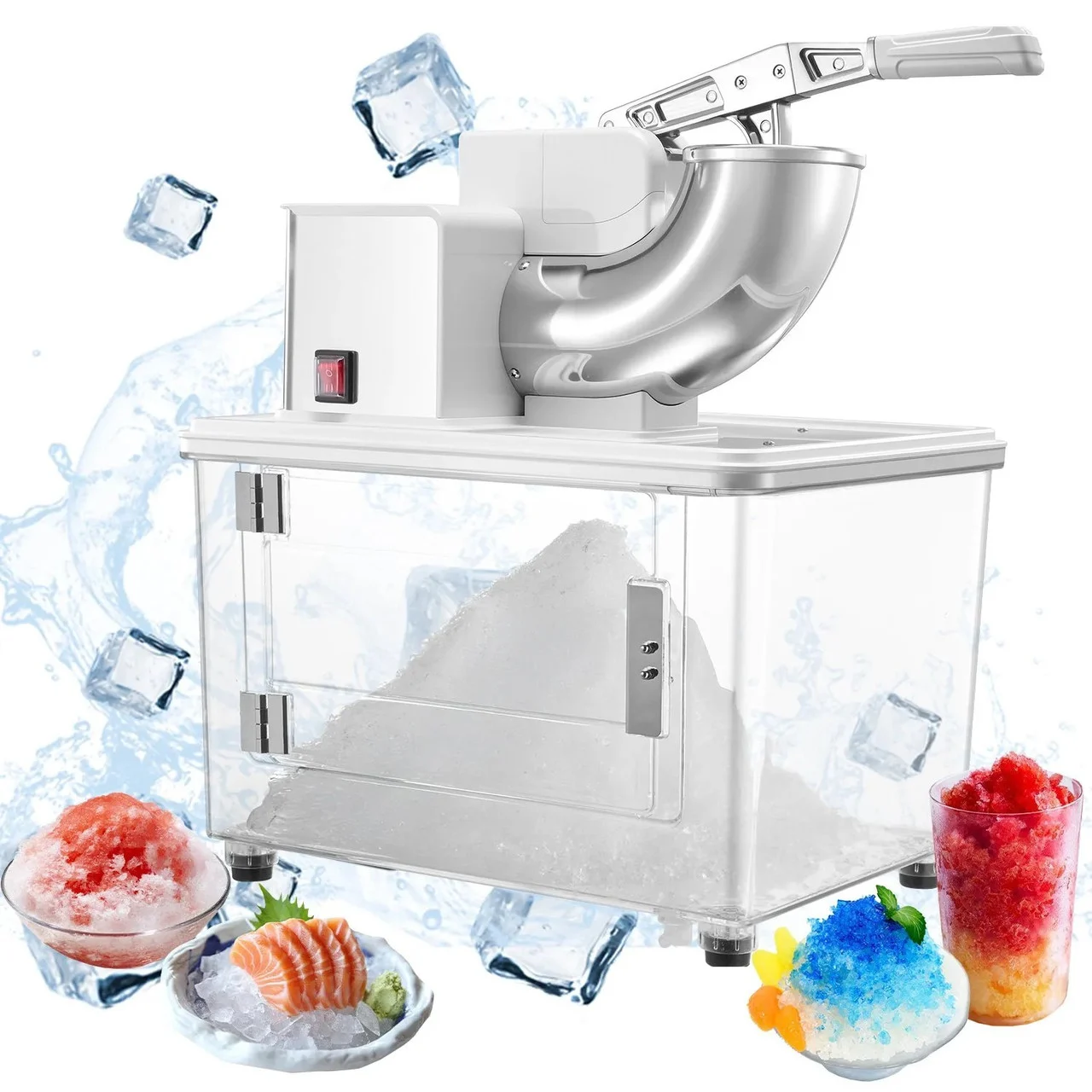 661 lbs/h Commercial Ice Crusher, 350W Electric Snow Cone Machine, 1400 RPM, 4 Blades, Stainless Steel with 11 Gal Ice Box, White