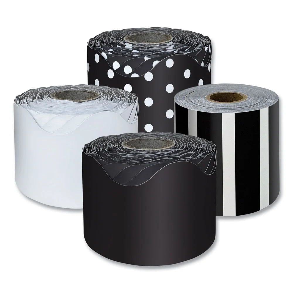 Carson-Dellosa 2.25 in. x 65 ft. Rolled Scalloped Border Set with 2 Solid Colors, 1 Horizontal Stripes, and 1 Polka Dots - Assorted Colors (4/Set)