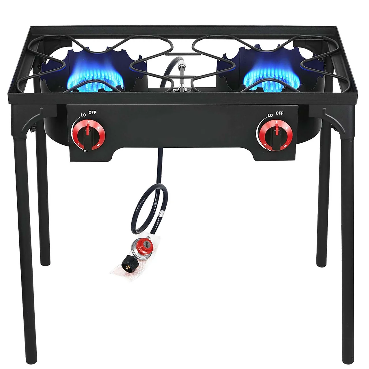 Double burner Stove HT-C-0042 Outdoor Portable Propane Stove Gas Cooker, Heavy Duty Iron Cast Patio Burner with Detachable Stand Legs for Camp Cooking
