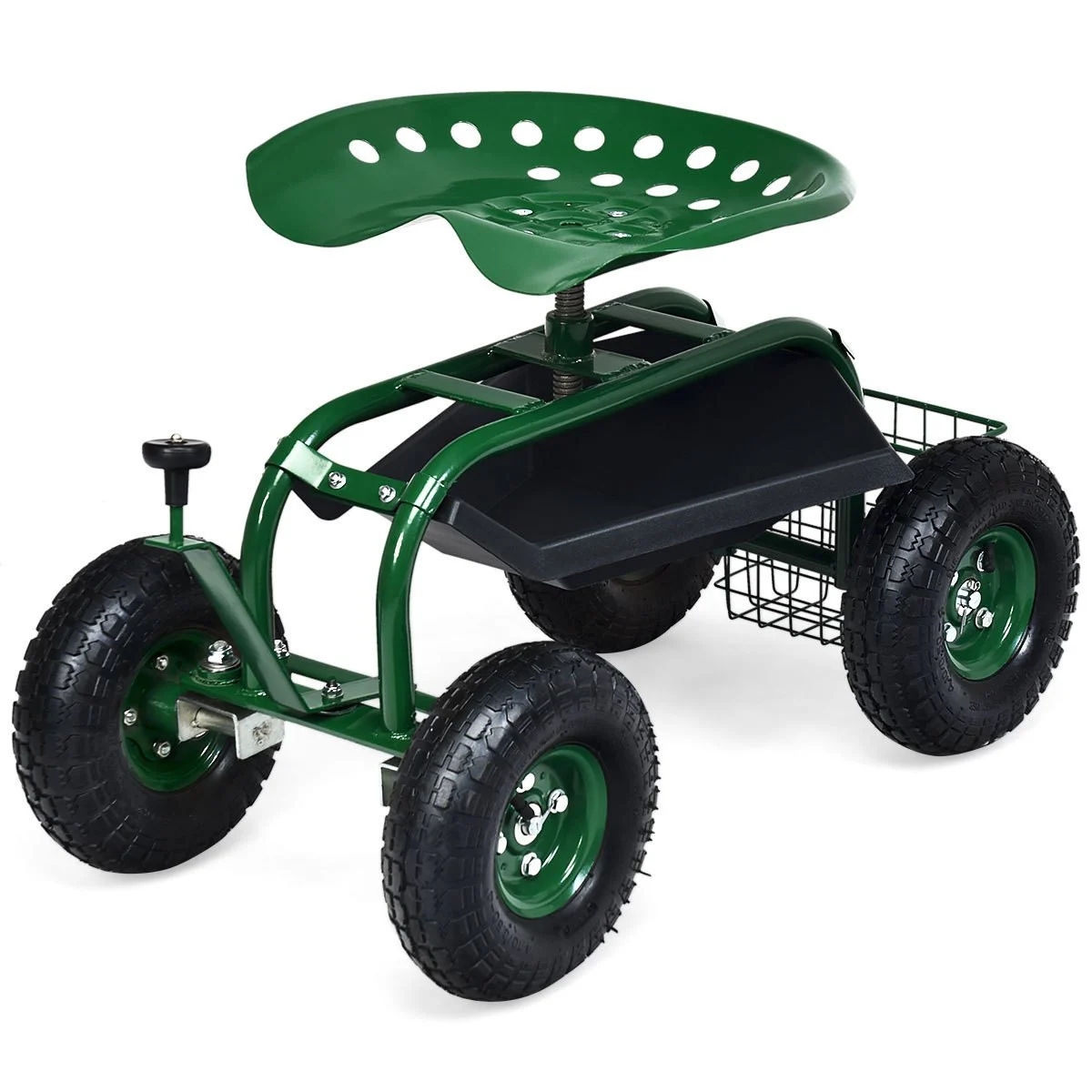 Steerable Garden Cart w/Extendable Handle, Storage Basket, Adjustable Seat, 2 Tool Trays & 4 Rubber Wheels, Garden Rolling Scooter, Heavy-duty Rolling Work Seat for Planting, Green