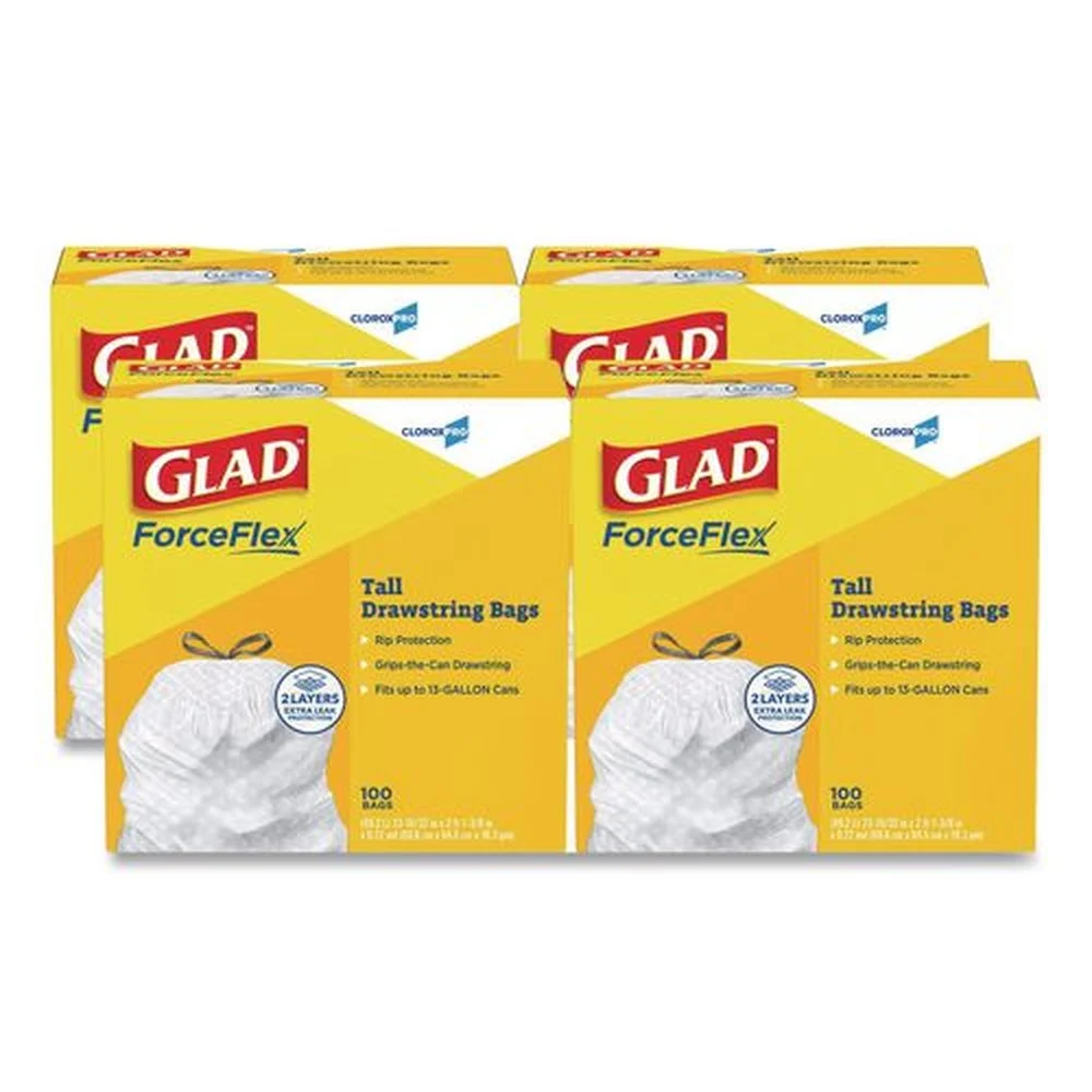 Glad 78526 Tall 13 gal. 24 in. x 27.38 in. Kitchen Drawstring Trash Bags - Gray (100 Bags/Box, 4 Boxes/Carton)