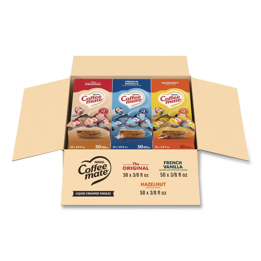 Coffee-Mate 12408209 0.38 oz. Mini Cups Liquid Coffee Creamer - French Vanilla/Hazelnut/Original (150/Carton)