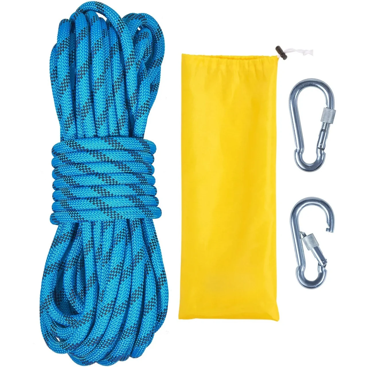10.5 mm Static Climbing Rope, 19.5M(64ft) Outdoor Rock Climbing Rope 25KN Breaking Tension, Fiber Rope with Steel Snap Hooks for Escape, Rappelling, Fire Rescue, Blue