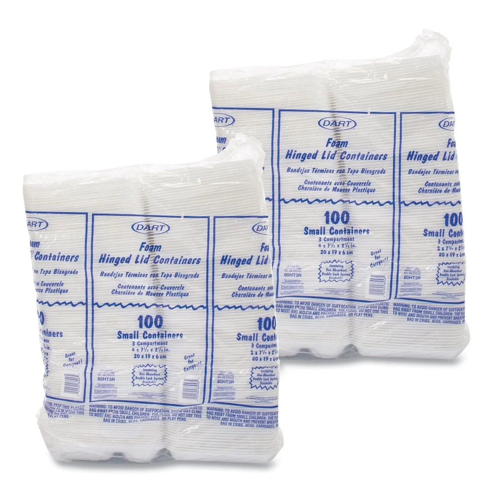 Dart 80HT3R 3-Compartment 7.5 in. x 8 in. x 2.3 in. Foam Hinged Lid Containers - White (200/Carton)