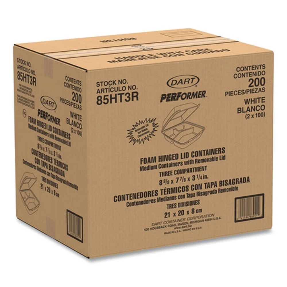Dart 85HT3R 8.38 in. x 7.78 in. x 3.25 in. 3-Compartment Foam Hinged Lid Containers (200/Carton)