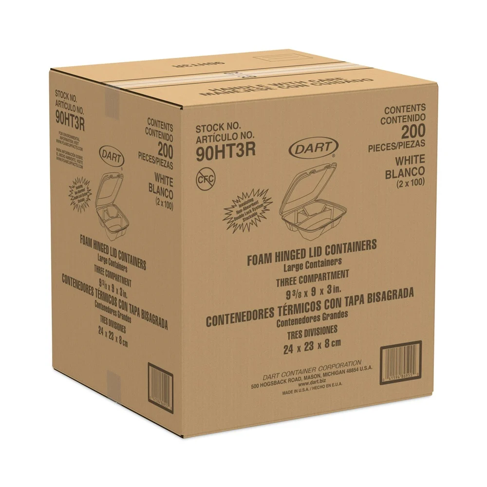 Dart 90HT3R 9 in. x 9.4 in. x 3 in. 8 oz. 3-Compartment Foam Hinged Lid Container - White (200/Carton)