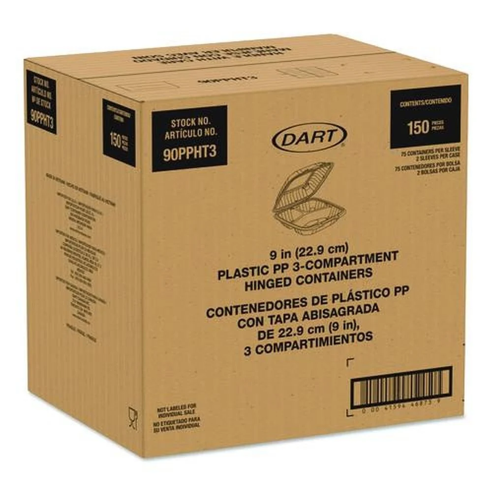 Dart 9 in. x 8.75 in. x 3 in. 3-Compartments ProPlanet Microwaveable Plastic Hinged Containers - Clear (150/Carton)