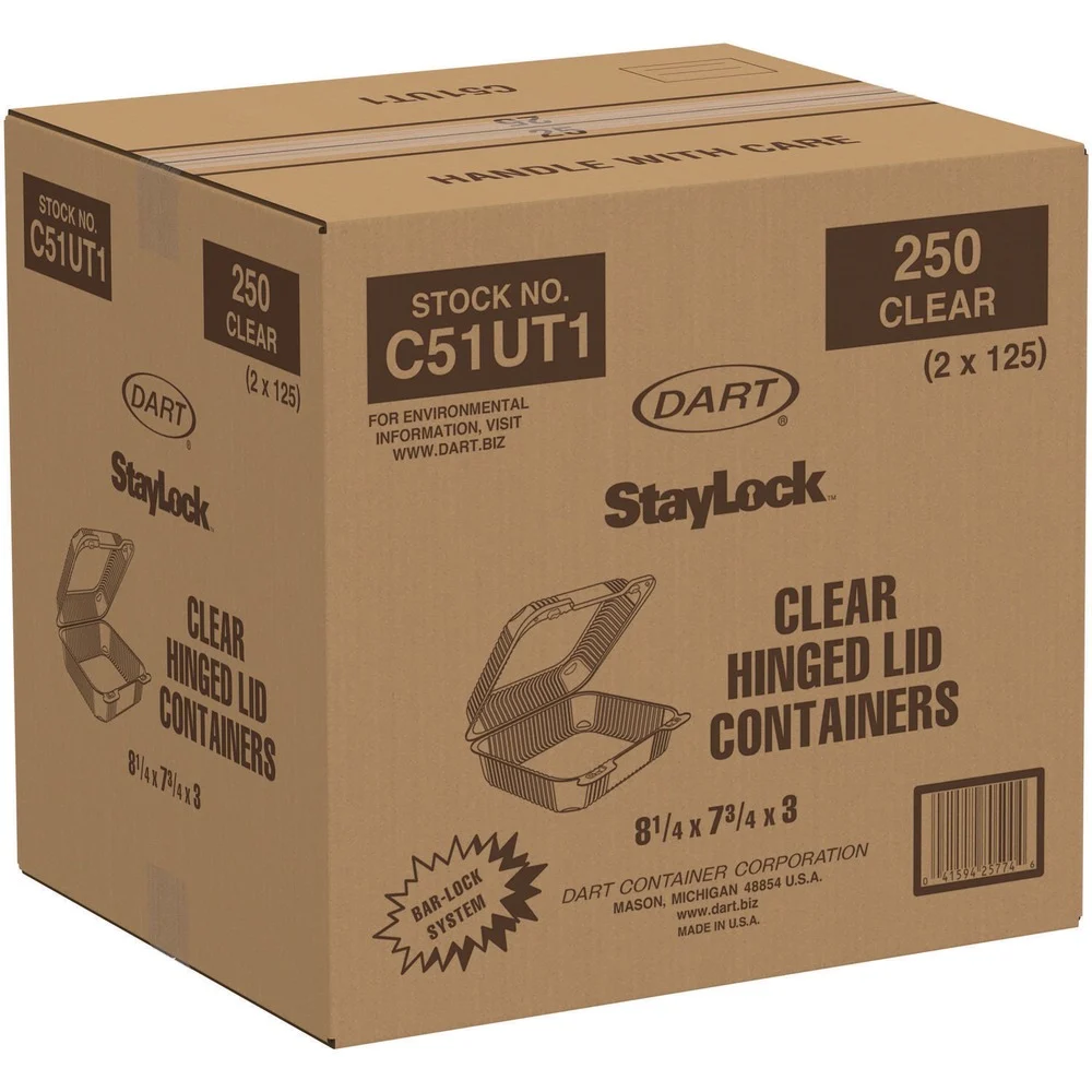 Dart C51UT1 StayLock 7.8 in. x 8.3 in. x 3 in. Plastic Hinged Lid Containers - Clear (250/Carton)