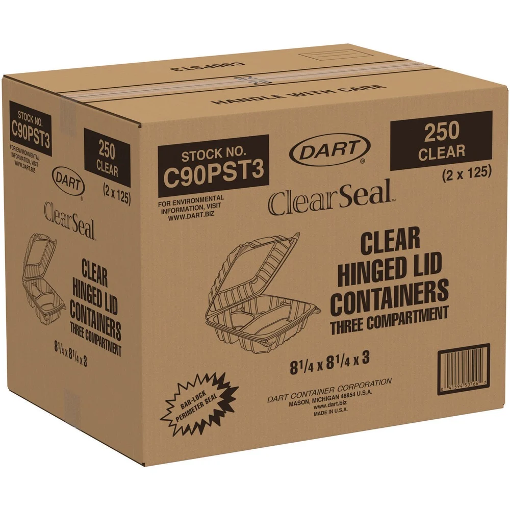 Dart C90PST3 ClearSeal 8.25 in. x 8.25 in. x 3 in. Hinged-Lid Plastic Containers - Clear (250/Carton)