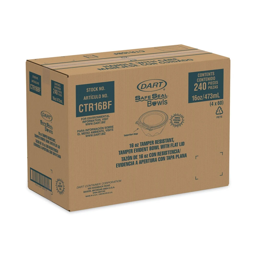 Dart CTR16BF 5.5 in. x 2.7 in. 16 oz. Tamper-Evident Flat-Lid Bowls - Clear (240/Carton)