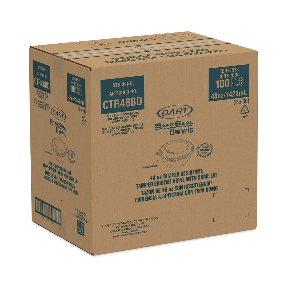 Dart CTR48BD 48 oz. 8.9 in. Diameter x 3.4 in. Height Tamper-Resistant/Evident Plastic Bowls with Dome Lid - Clear (100/Carton)