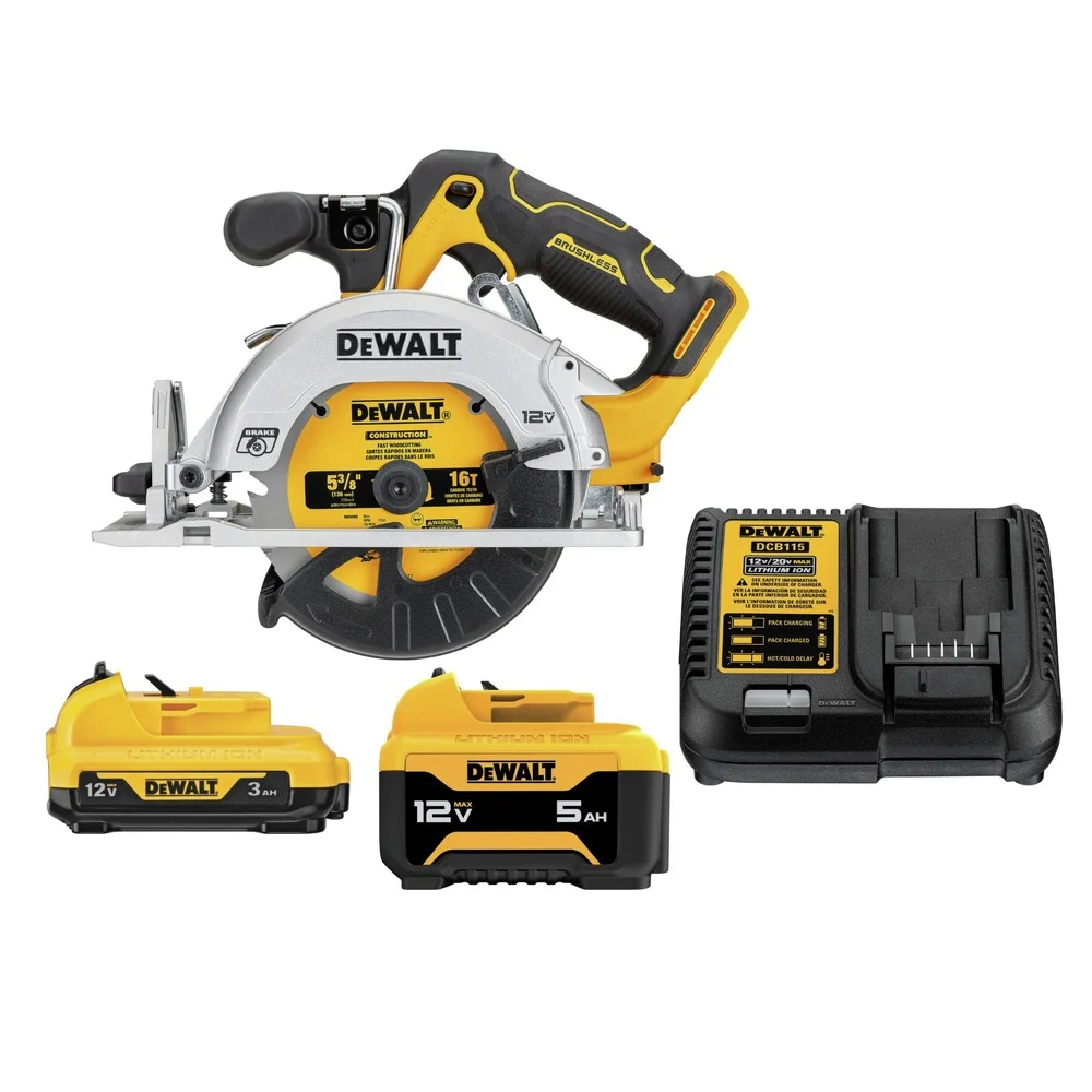 Dewalt 12V MAX XTREME Brushless 5-3/8 in. Cordless Circular Saw with 2-Piece Lithium-Ion Batteries and Charger Starter Kit Bundle (3 Ah/5 Ah) - DCS512BDCB135C-BNDL