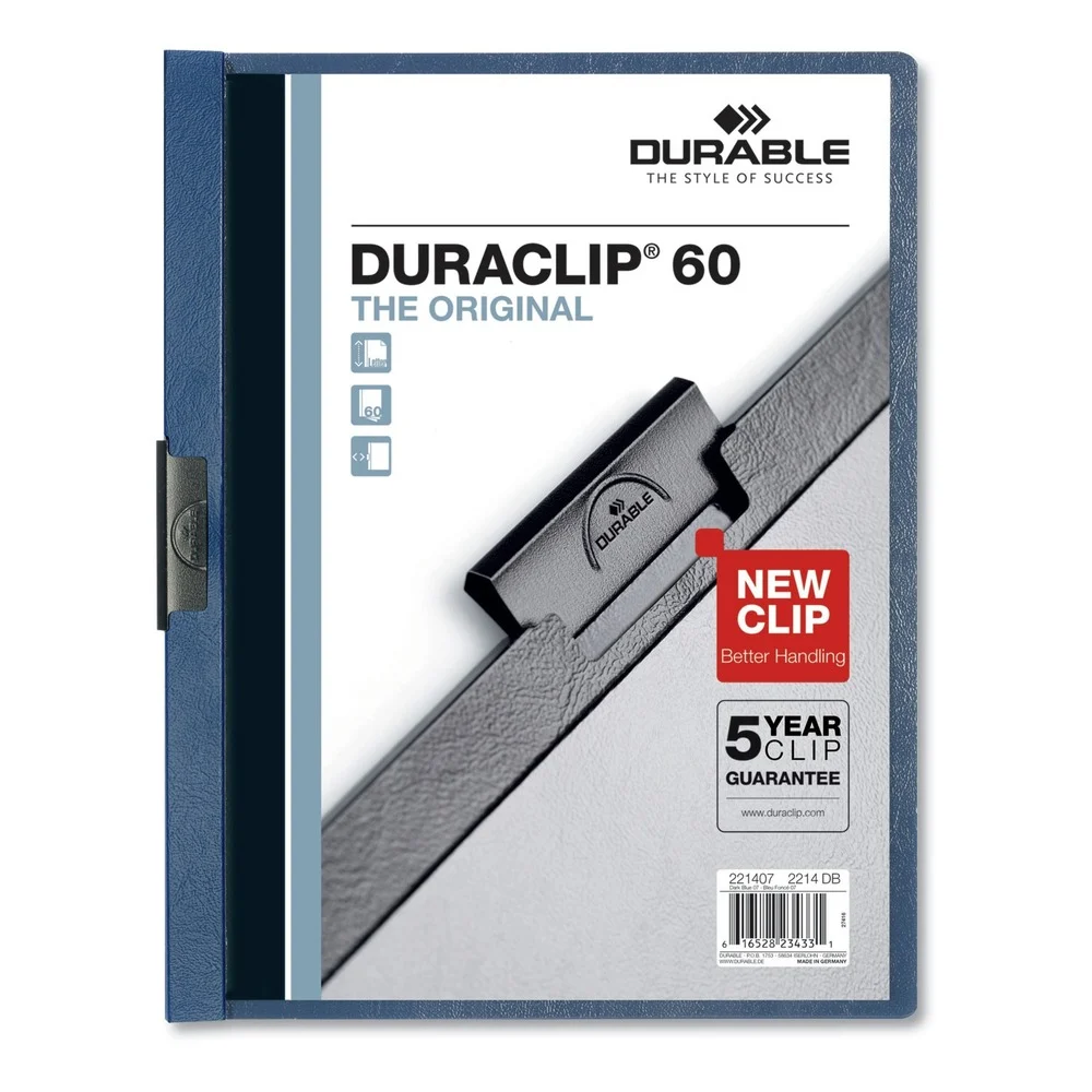 Durable 8.5 in. x 11 in. DuraClip Clip Fastener Report Cover - Clear/Dark Blue (25/Box)
