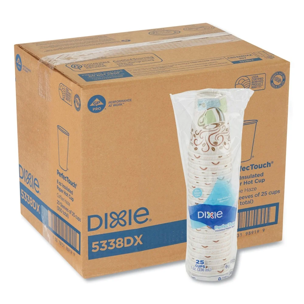 Dixie PerfecTouch 8 oz. Paper Hot Cups - Coffee Haze Design (25/Sleeve, 20 Sleeves/Carton)