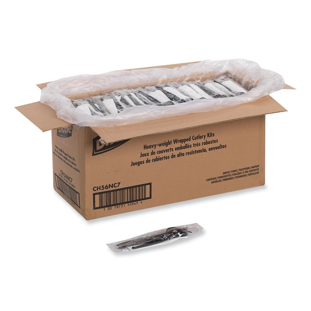 Dixie Individually Wrapped Heavyweight Plastic Fork/Knife/Napkin/Spoon Set - Black (250/Carton)
