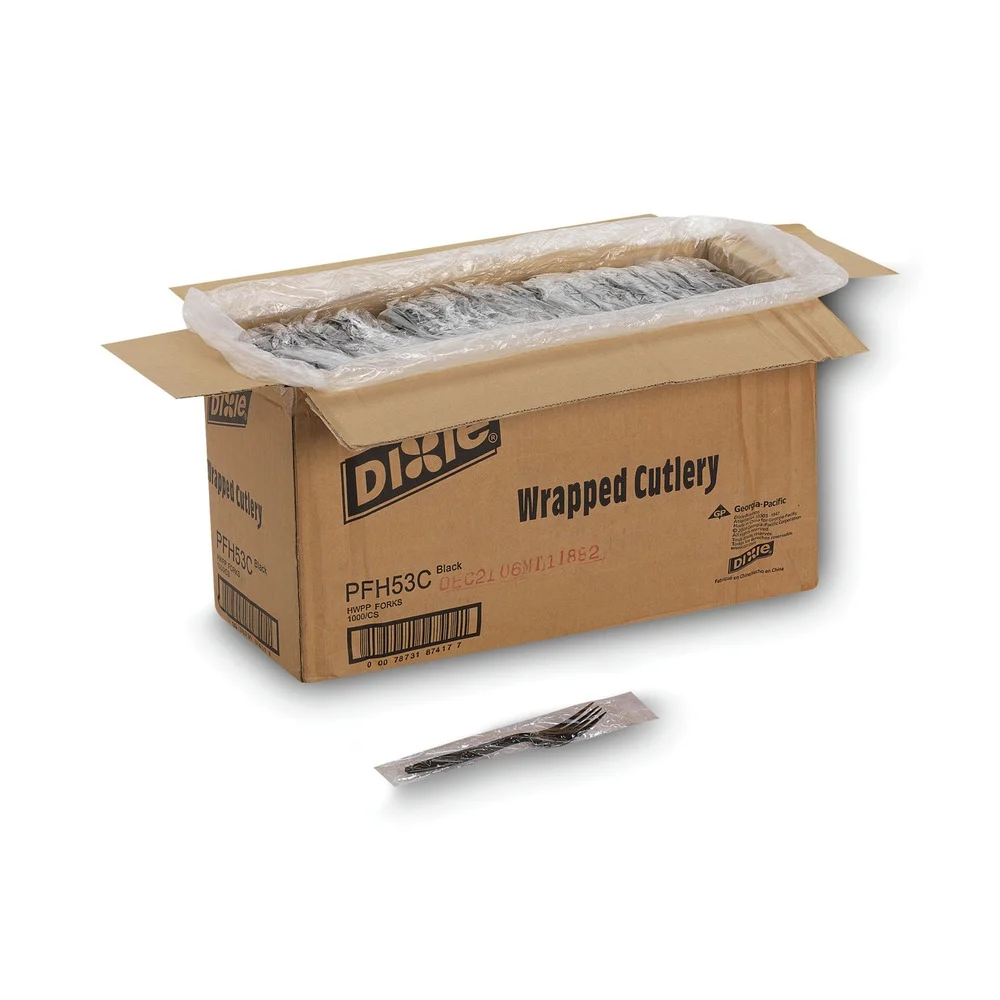 Dixie Individually Wrapped Heavyweight Plastic Forks - Black (1000/Carton)