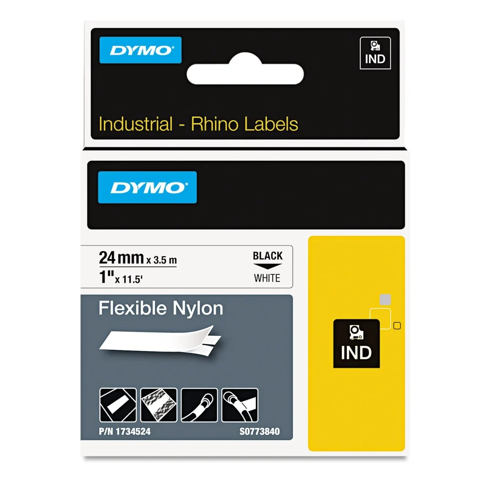 DYMO Rhino 1 in. x 11.5 ft. Flexible Nylon Industrial Label Tape - White/Black Print (1-Roll)