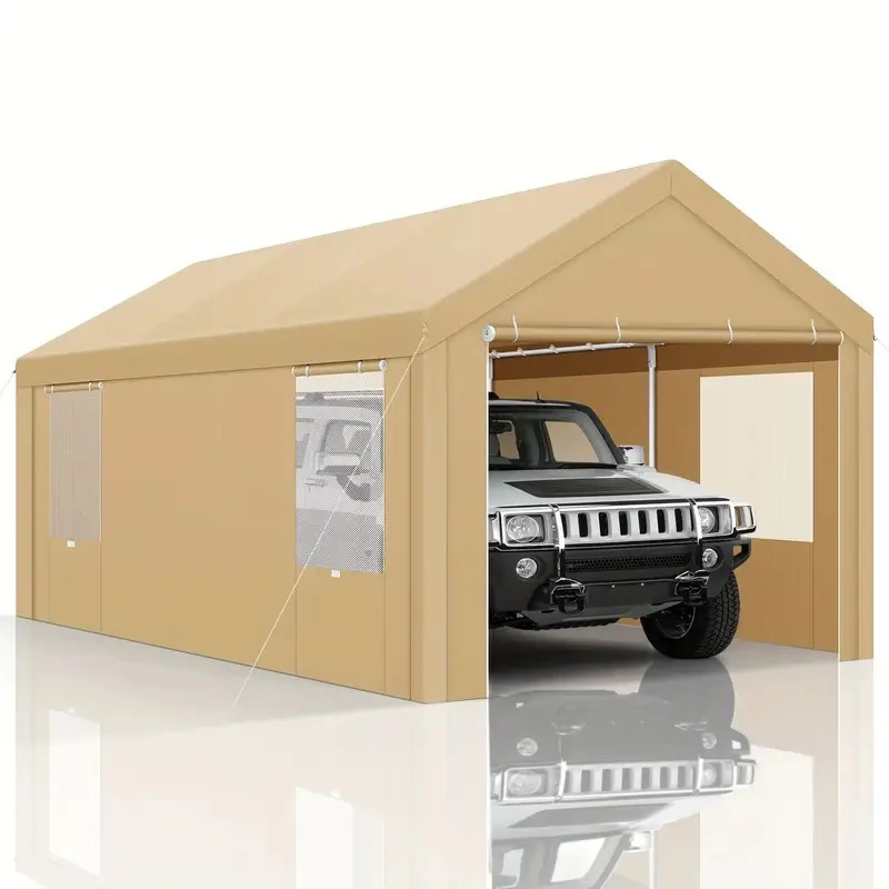 10x20ft Carport Heavy Duty, Portable Garage with Removable Sidewalls, Sun Shelter for Beach And Outdoor Camping, Ventilated Windows & Built-in Sandbags, Car Canopy for Truck, Boat, SUV with Waterproof And UV Resistant Khaki Color