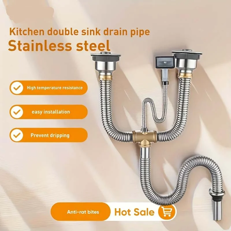 Kitchen Sink Drain Assembly, 304 Stainless Steel, Double Sink Drain Pipe with Anti-Odor, Anti-Rat Bite, and Easy Installation Features, with Hot Sale Package