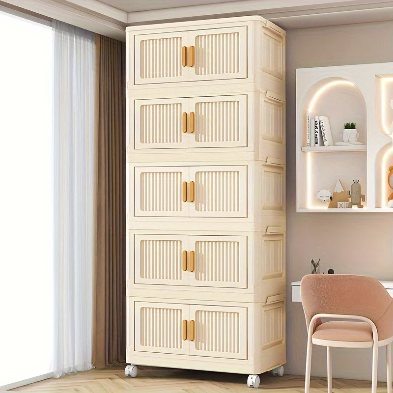 Large Capacity Folding Storage Bin with Dustproof Double Doors - Ideal Versatile Organizer (5 Floors) Cream Color