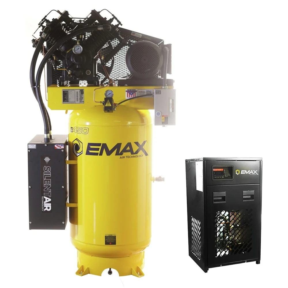 EMAX E450 Series 7.5 HP 80 gal. Industrial Plus 2 Stage Lubricated Single Phase 31 CFM @100 PSI Patented SILENT Air Compressor with 30 CFM Air Dryer - ESP07V080V1PK