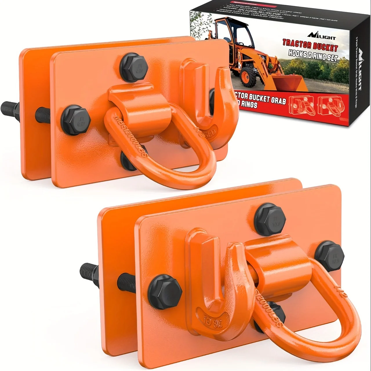 15000 Lbs Grade 70 Forged Steel 2PCS Tractor Bucket Hooks With Tie Down Ring and Back Plates for Tractor Bucket RV UTV Truck MBS Orange
