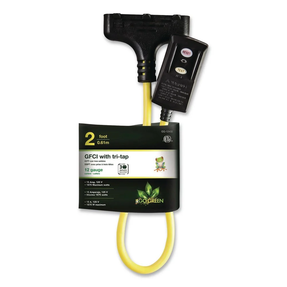 GoGreen Power GG-12402 Portable Tri-Tap with GFCI, 3 Outlets, 2 ft Cord, Yellow