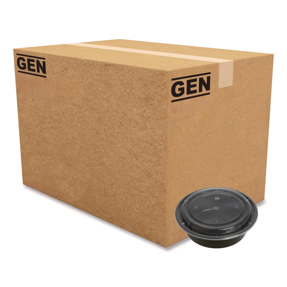 GEN FCPP-BC-32RND 7.28 in. x 7.28 in. x 2.55 in. 32 oz. Plastic Microwavable Food Container with Lid - Round Black/Clear (150/Carton)