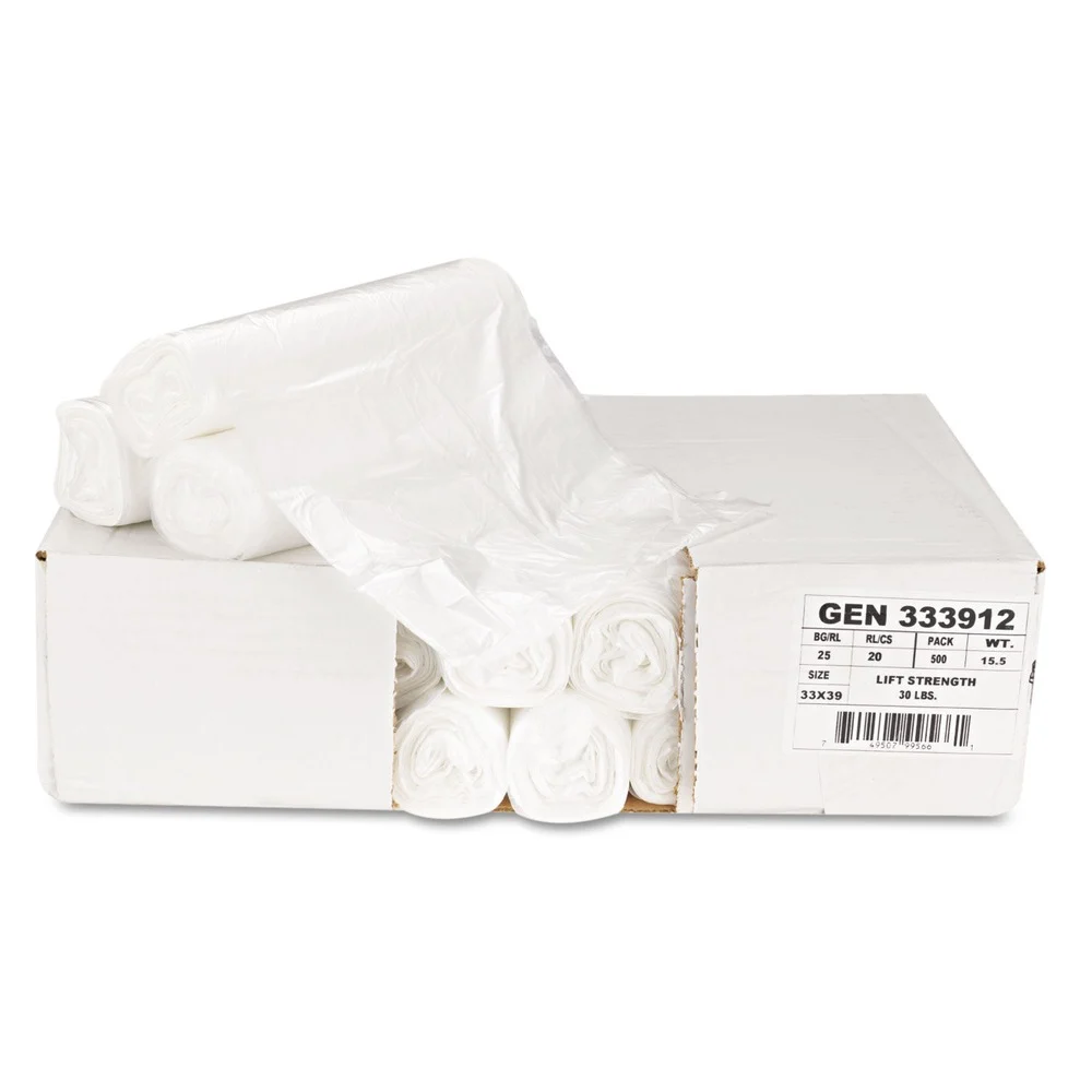 Boardwalk Z6639LN GR1 33 Gallon 9 mic 33 in. x 39 in. Perforated Roll High-Density Can Liners - Natural (25 Bags/Roll, 20 Rolls/Carton)
