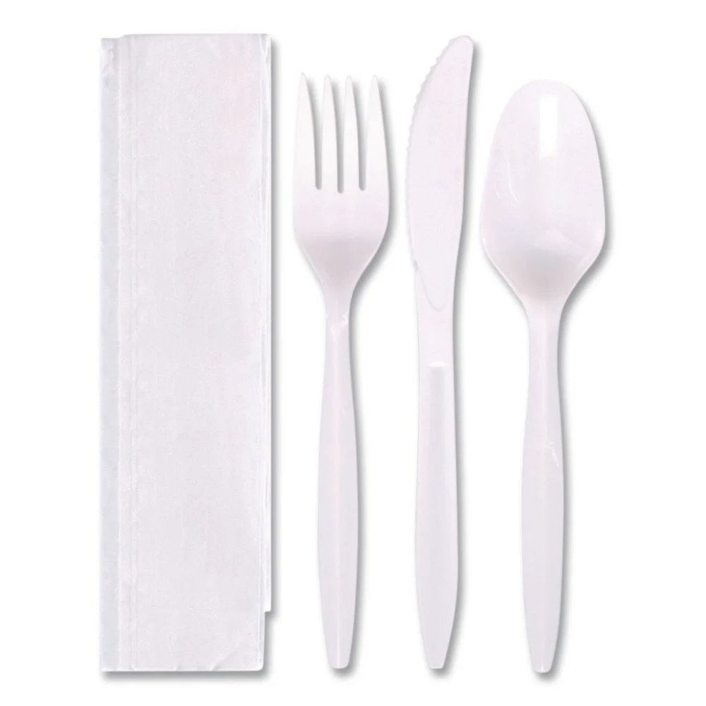 Hoffmaster 117799 Fork/Knife/Spoon/Napkin Economy Cutlery Kit - White (250/Carton)