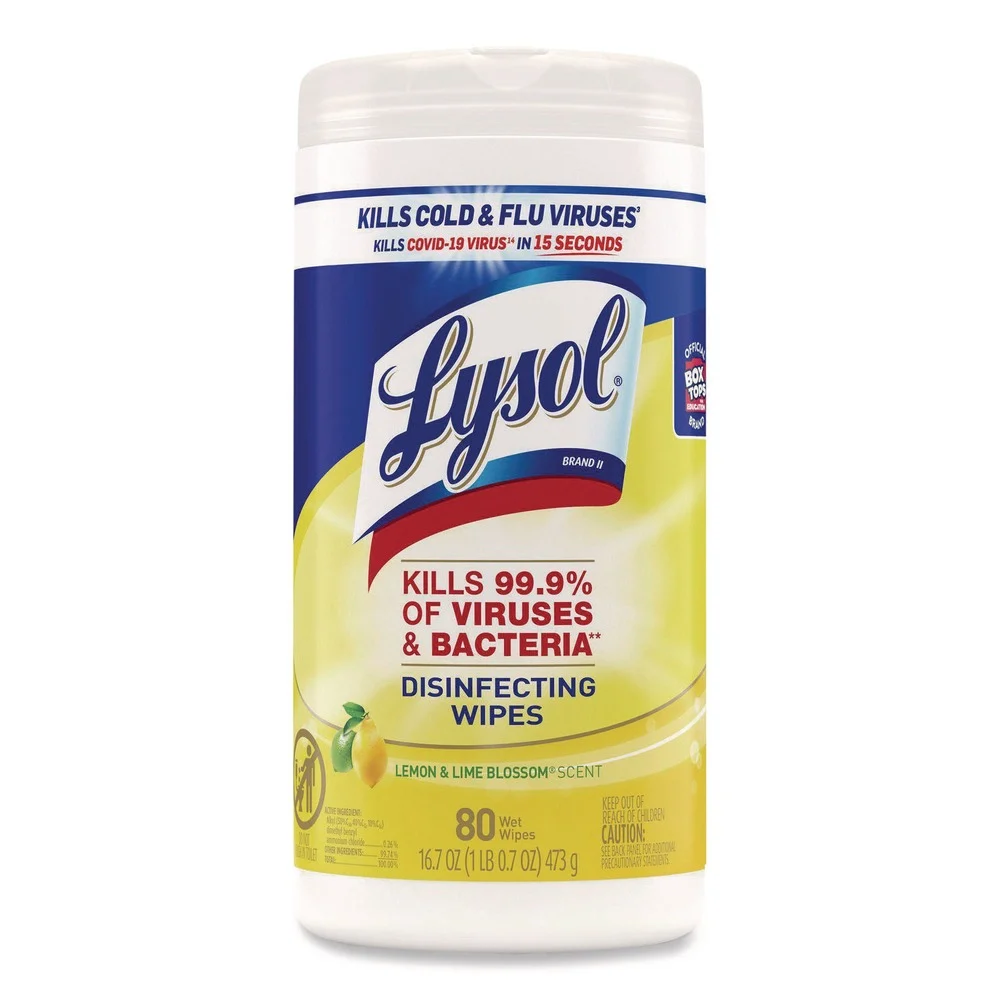 LYSOL Brand 7 in. x 7.25 in. 1-Ply Disinfecting Wipes - Lemon and Lime Blossom, White (80 Wipes/Canister)