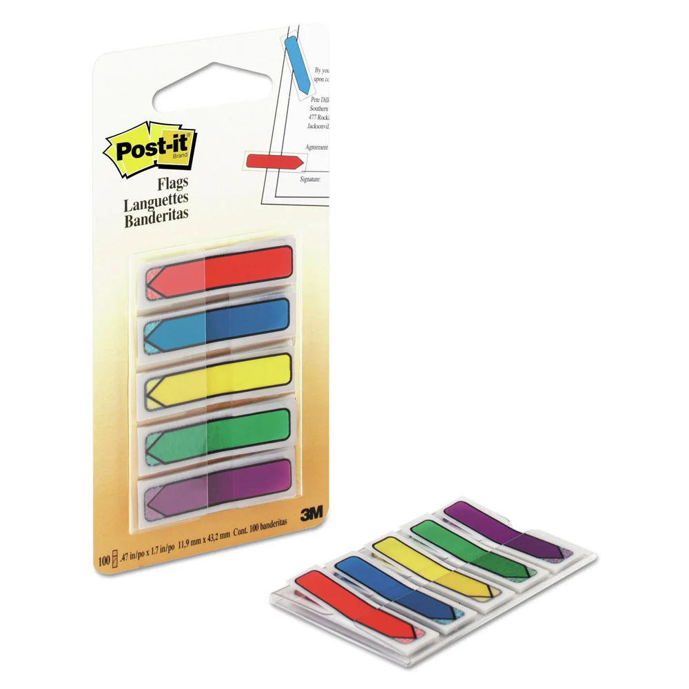 Post-it Flags Arrow 0.5 in. Page Flags - Blue/Green/Purple/Red/Yellow (100/Pack)