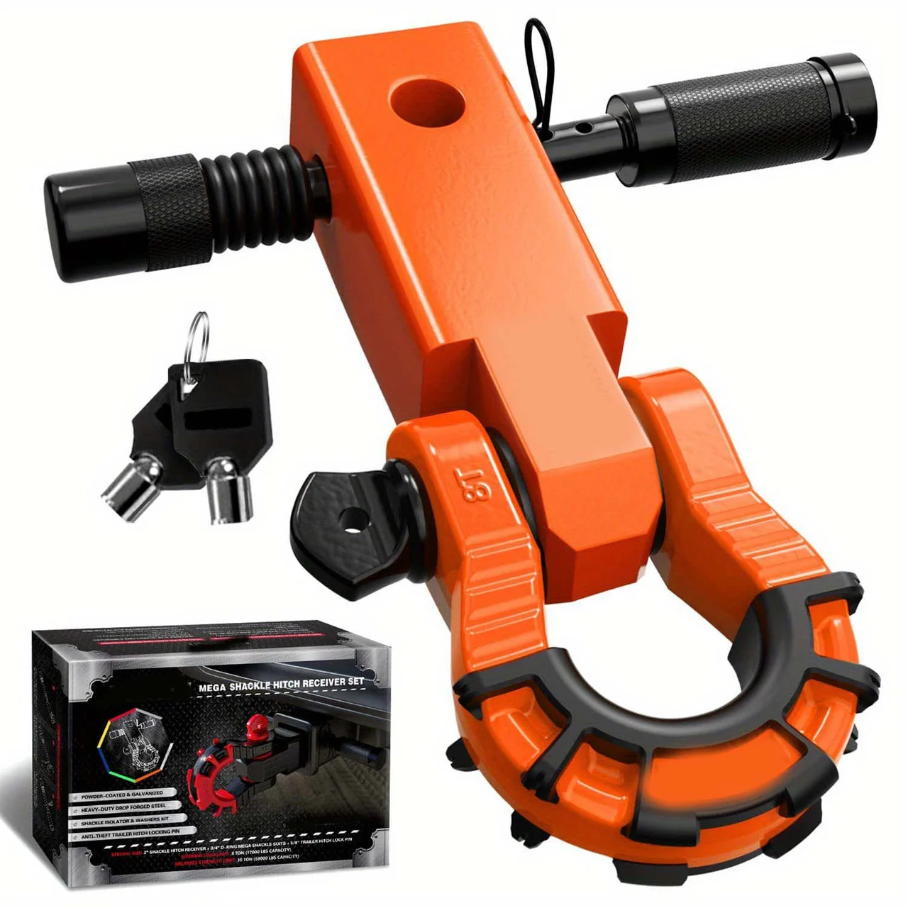 Shackle Hitch Receiver 2 Inch With 3/4" Mega D Ring Shackle And 5/8" Trailer Hitch Lock Pin, 68, 000 Lbs Break Strength Heavy Duty Receiver Kit For Vehicle Recovery Orange Color