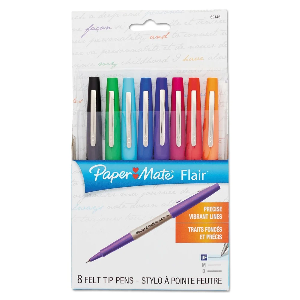 Paper Mate Flair Felt Tip 0.4 mm Stick Porous Point Pen - Assorted Ink and Barrel Colors/Extra-Fine (8-Piece/Set)