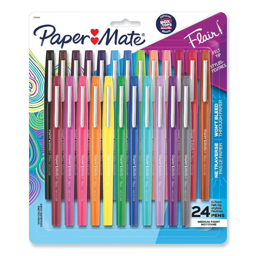 Paper Mate Stick Medium 0.7 mm Assorted Tropical Vacation Ink and Barrel Colors Point Guard Flair Felt Tip Porous Point Pen (24/Set)