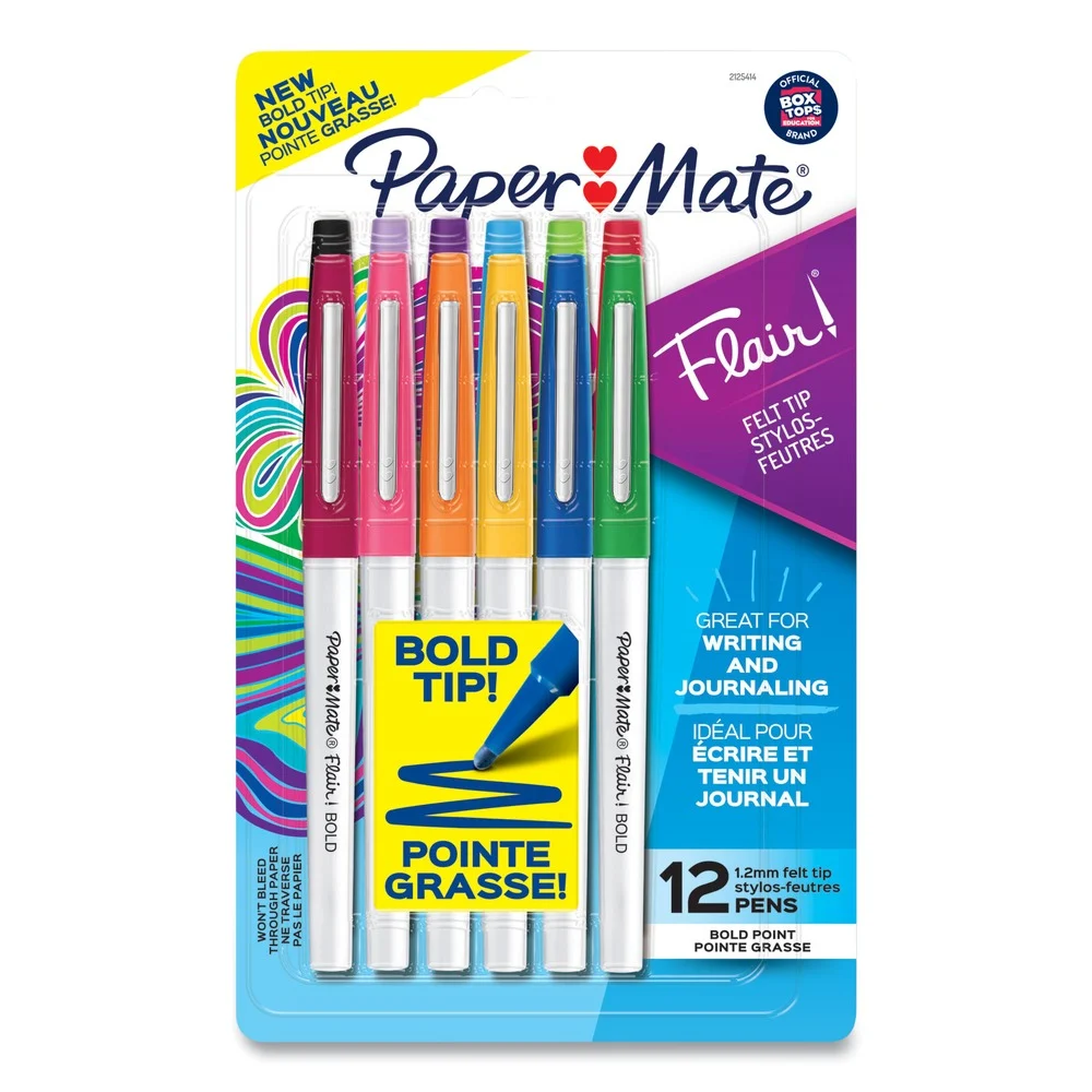 Paper Mate Bold 1.2 mm Stick Flair Felt Tip Porous Point Pen - Assorted Ink Colors White Pearl Barrel (12/Pack)