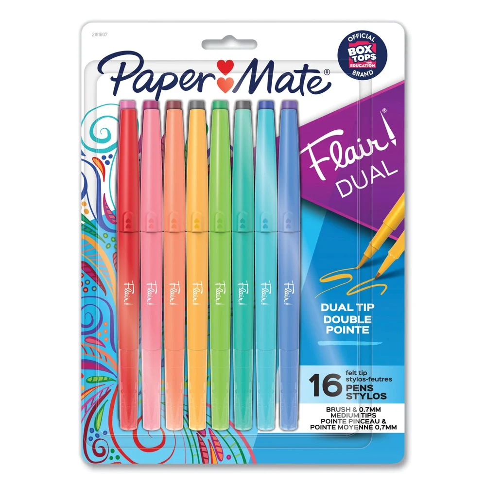 Paper Mate Medium 0.7 mm Flair Duo Felt Tip Porous Point Pen Stick - Assorted Ink and Barrel Colors (16/Pack)