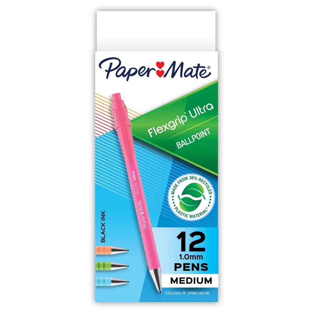 Paper Mate 1 mm Medium FlexGrip Ultra Recycled Retractable Ballpoint Pen - Black Ink, Assorted Barrels (1-Dozen)