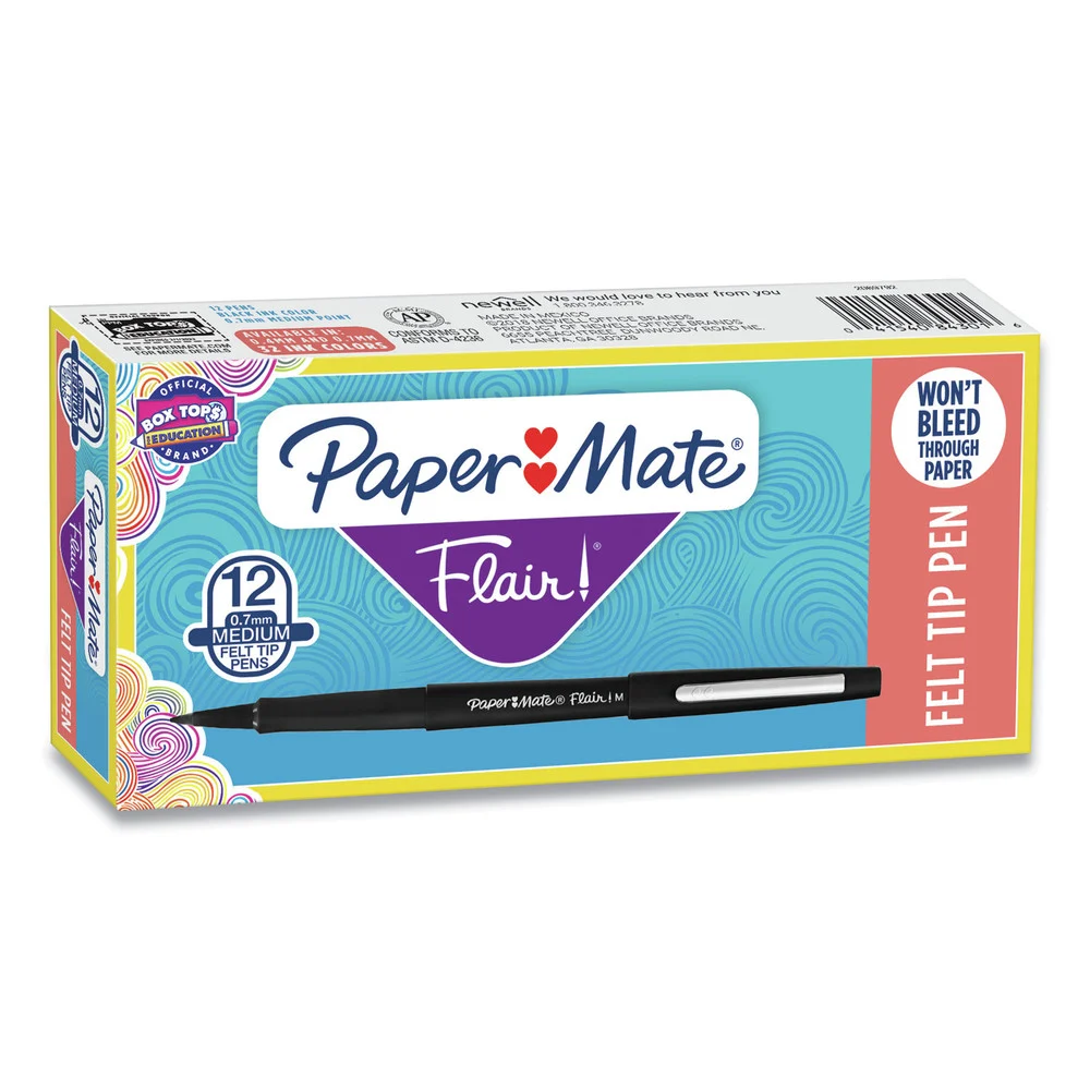 Paper Mate Medium 0.7 mm Point Guard Flair Felt Tip Porous Point Stick Pen - Black Ink, Black Barrel (1-Dozen)
