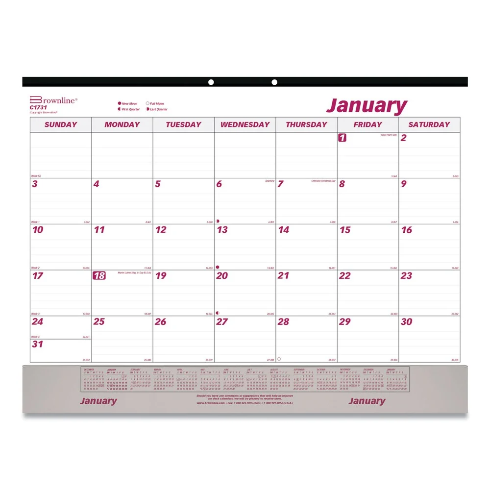 Brownline 12-Month (Jan to Dec): 2026 22 in. x 17 in. Monthly Desk Pad Calendar - White/Burgundy Sheets, Black Binding, Clear Corners