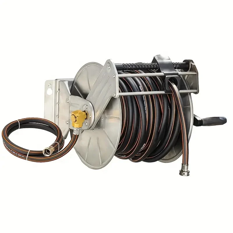 Stainless Steel Garden Hose Reel Heavy Duty, Wall/Floor Mounted Metal Water Hose Reel Retractable with Crank, 150-Feet 5/8" Hose Capacity with a hose
