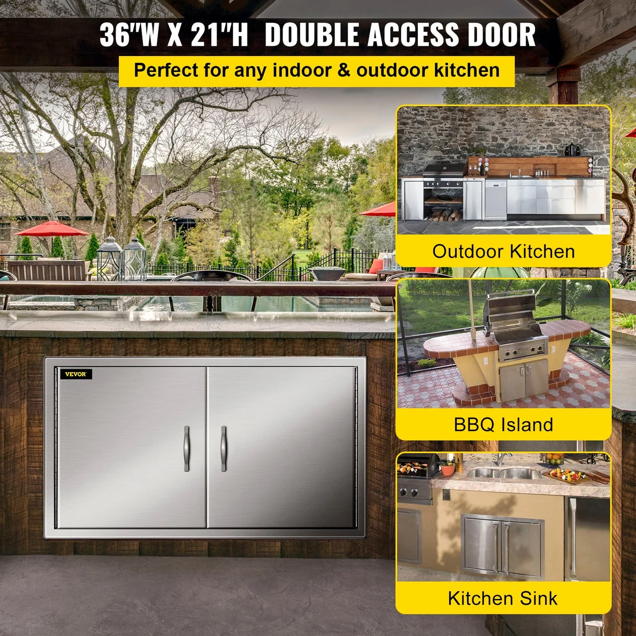 BBQ Access Door 36W x 21H Inch, Double BBQ Door Stainless Steel, Outdoor Kitchen Doors for BBQ Island, Grill Station, Outside Cabinet